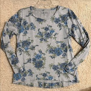 LOFT Gray and Blue Floral Long Sleeve sweatshirt